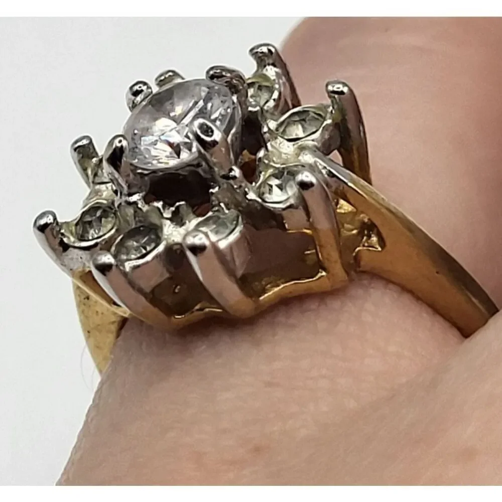 Cubic Zirconia Flower Ring Sz 6 Gold Tone Signed CA Flower CZ Cocktail